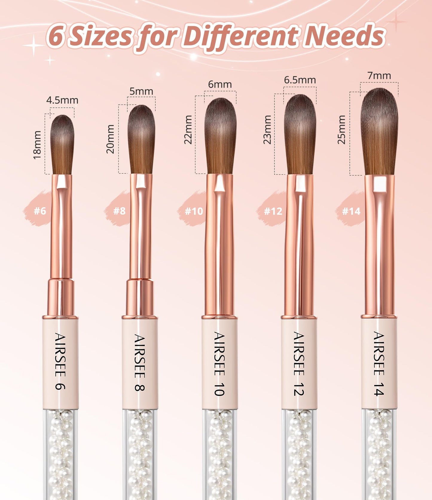 AIRSEE 5PCS Acrylic Nail Brush Set, Size 6/8/10/12/14 for Acrylic Powder Brushes, Nail Extension & 3D Carving Beginner & Professional Use DIY Salon Home, Pearl