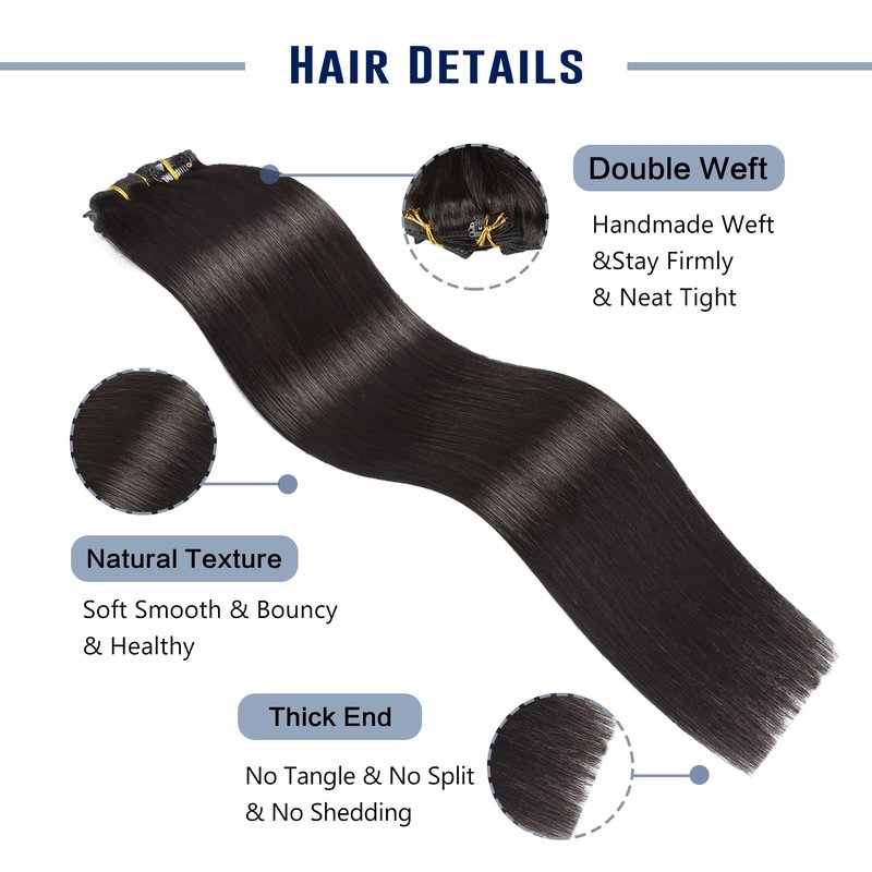 Sunya Real Human Hair Clip-in Extensions - Natural Black, Double Weft, Straight, 12 Inch #1B, 8pcs/100g
