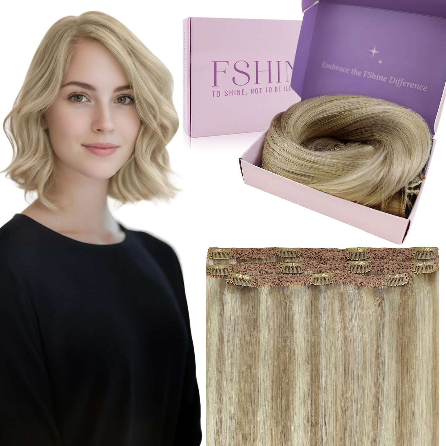 Fshine Full Head Clip in Human Hair Extensions, Balayage 12 in 50 g 3pcs