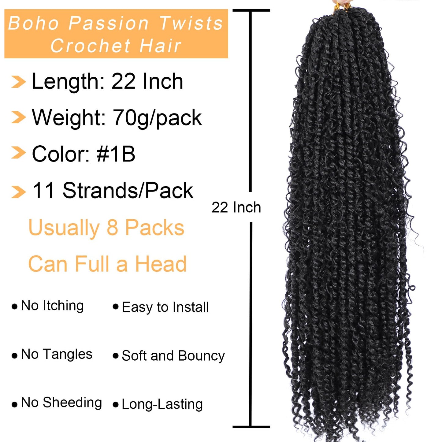 Boho Style Passion Twist Hair 22inch Long Pre-Twisted Crochet Goddess Passion Twist Hair 8Pack Pre Looped Curly Crochet Hair Soft Bohemian New Passion Twist Crochet Braids Hair for Black Women,1b#