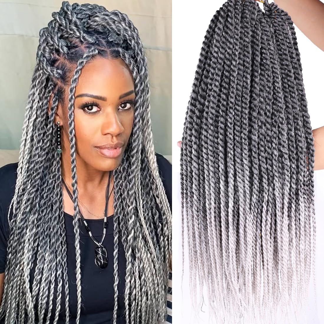 8 Packs Havana Twist Crochet Hair Silver Gray Senegalese Twist Medium Crochet Braid Omrbe Grey Crochet Braids Hair For Black Women Prelooped Twist Syntehtic Braiding Hair Extensions (Tgrey#)