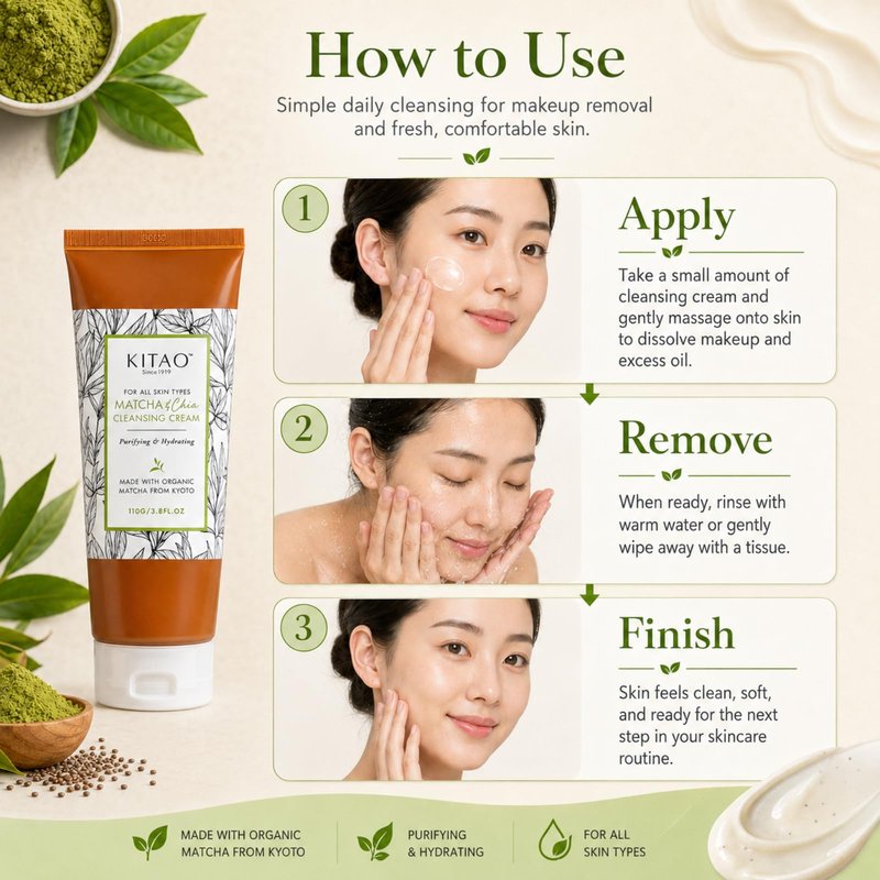 KITAO Organic Moisturizing Oil & Makeup Remover for Dry, Oily & Sensitive Skin Women & Men, Hydrating Cleansing Cream with Natural Matcha& Chia& Antioxidant for Eyes, Face, Lip from Japan, 3.8 Fl Oz