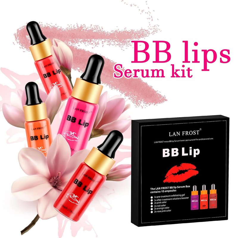 BB Lips Serum Starter Kit - Semi-Permanent Makeup Treatment with 4 Liquid Lip Pigments & Exfoliating Gel