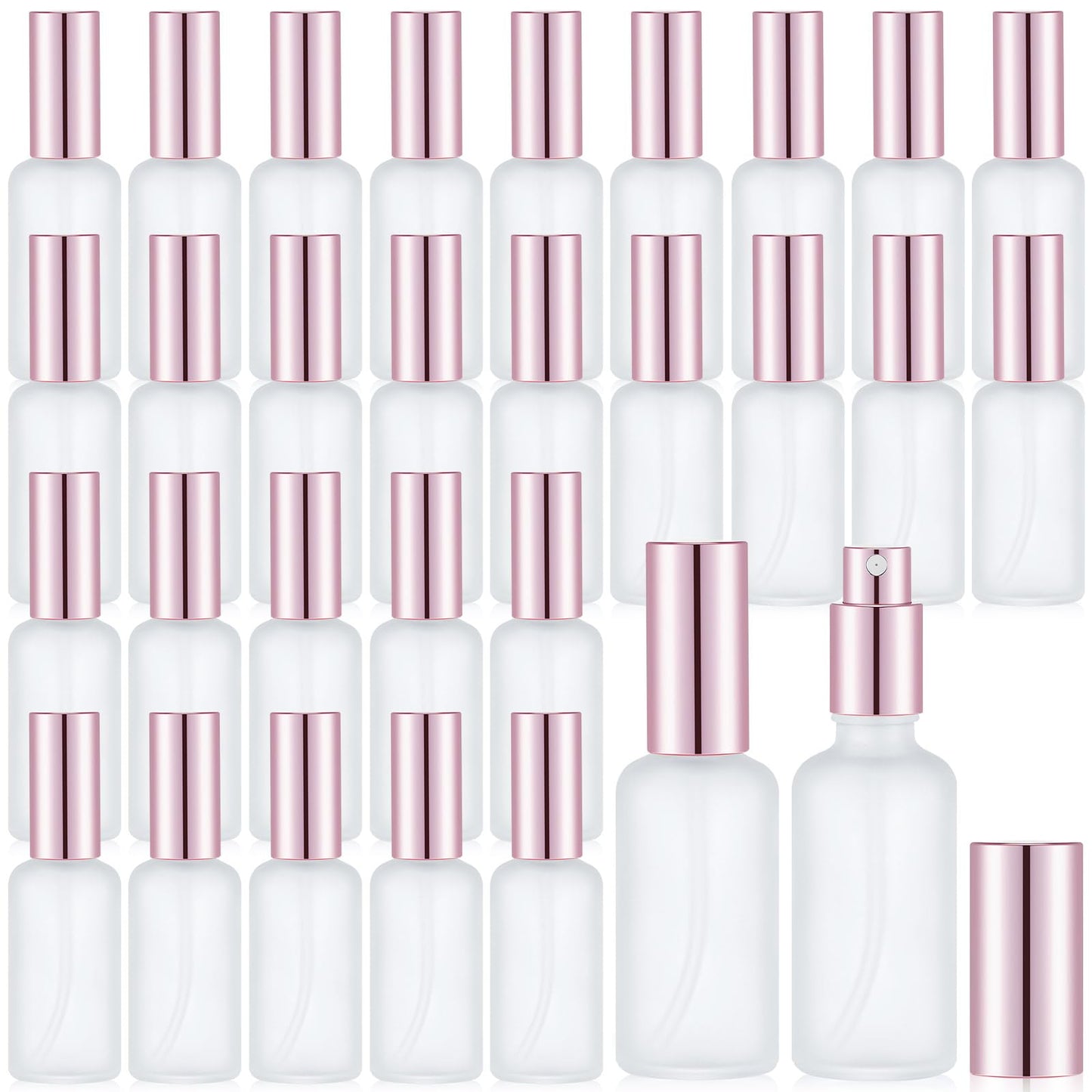 Roshtia 30 Pcs Glass Spray Bottle Clear Empty Bottles Small Refillable Reusable Perfume Bottle with Fine Mist Sprayer Pump for Face Body Travel(1.69 oz,Rose Gold)