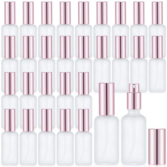 Roshtia 30 Pcs Glass Spray Bottle Clear Empty Bottles Small Refillable Reusable Perfume Bottle with Fine Mist Sprayer Pump for Face Body Travel(1.69 oz,Rose Gold)