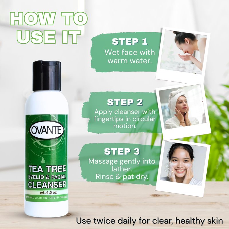 OVANTE Tea Tree Oil Eyelid, Facial Cleanser Wash For Demodex Prone Skin 4.0 oz