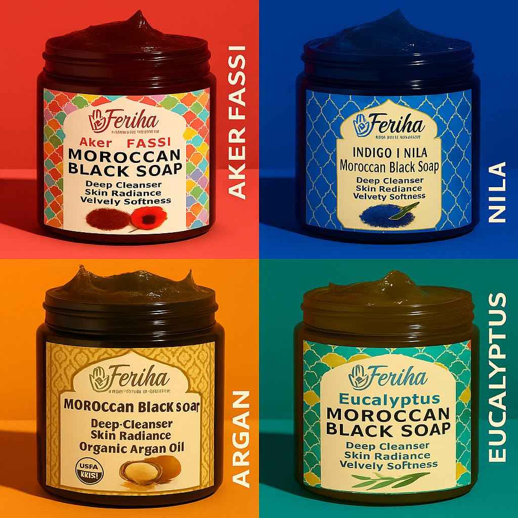 FERIHA Moroccan Black Soap with Aker Fassi – Red Poppy Petals & Pomegranate Shell – 100% Natural Artisan Beldi Hammam Soap for Radiance, Skin Firming & Deep Cleansing – Sourced & Crafted in Morocco