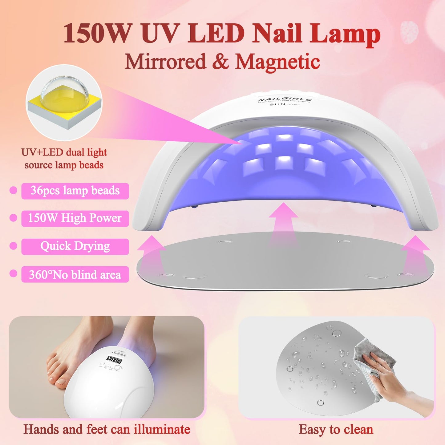 NAILGIRLS 150W UV LED Nail Lamp with Auto Sensor - Fast Curing Gel Polish Acrylic Nail Dryer, UV Nail Light 4 Timer Settings, 36 LED Beads and Automatic Sensor for Home Salon Use