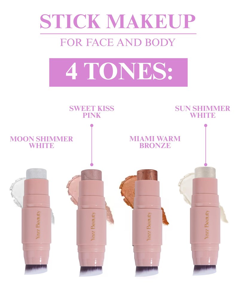 YazzBeauty Makeup Highlighter Stick with Brush– Sun Shimmer White | Brightening & Glowy Finish | Lightweight Formula for Face