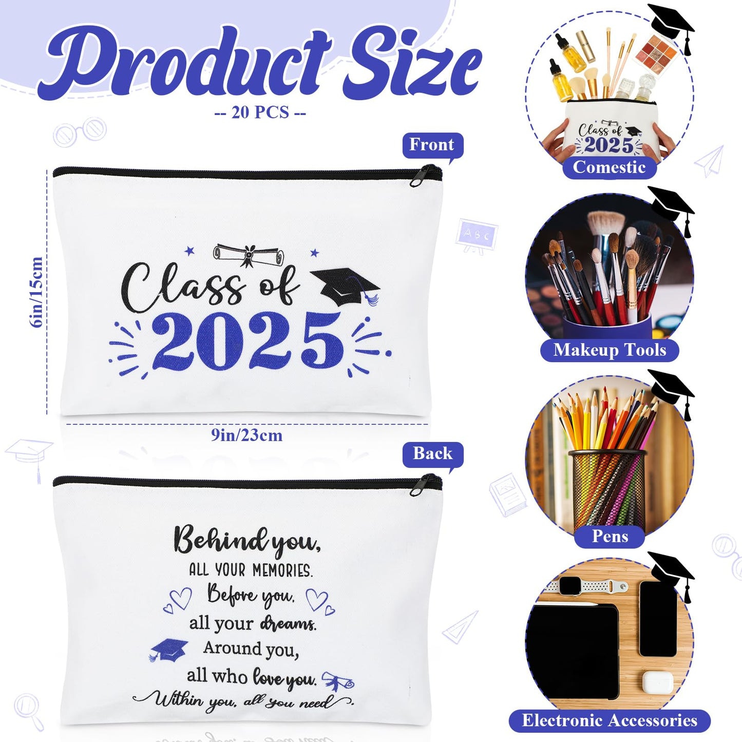 Meanplan 20 Pcs Graduation Gift Bulk Class of 2025, Canvas Makeup Bag Graduation Party Favors Inspirational Cosmetic Pouch Thank You for Guest Her Women Teacher Student Christmas(Blue)
