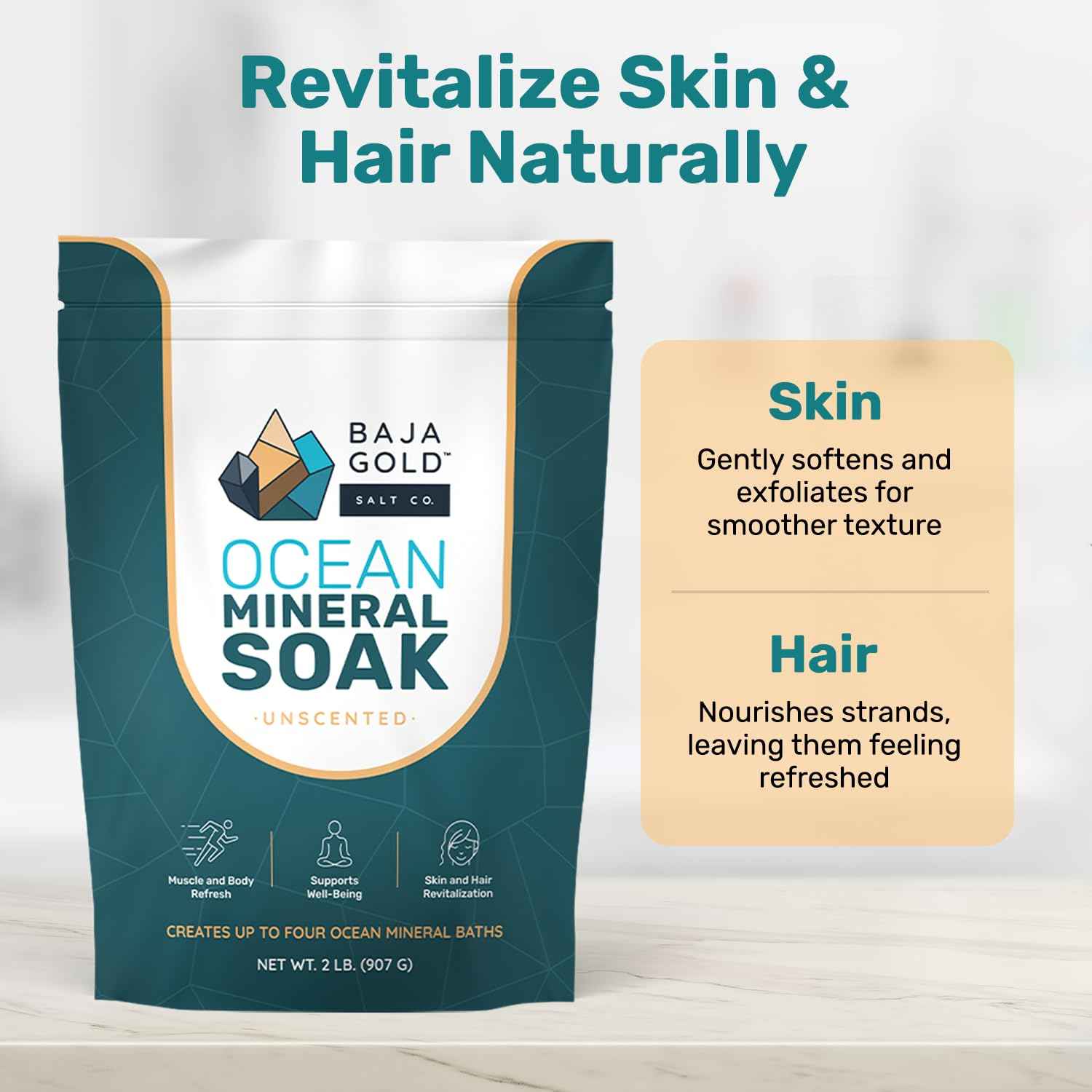 Baja Gold Ocean Mineral Soak – Natural Magnesium Bath Soak & Trace Elements | Relaxing, Clean Ingredient Soak for Bath, Muscles, Relaxation & Skin Care | Pure, Vegan, 2 Lb Resealable Bag, Unscented