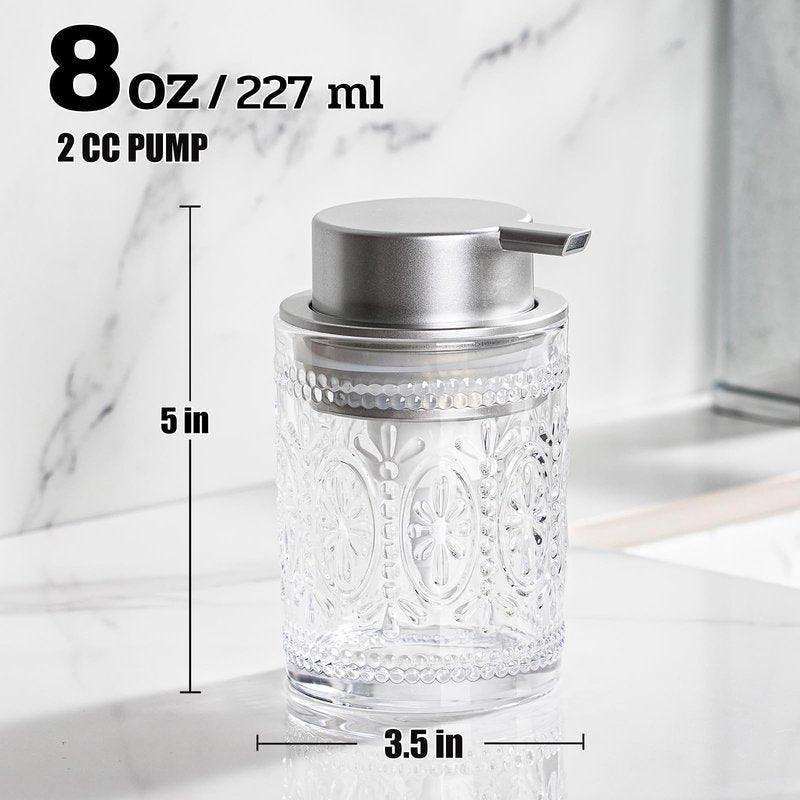 Glass Foaming Soap Dispenser Set - 2 Pack Foam Hand Soap Dispenser for Bathroom, Clear Hand Wash Dispenser Bottle with Matte Silver Pump for Kitchen, 8 Oz Refillable Dish Liquid Foam Dispenser 2 Pcs