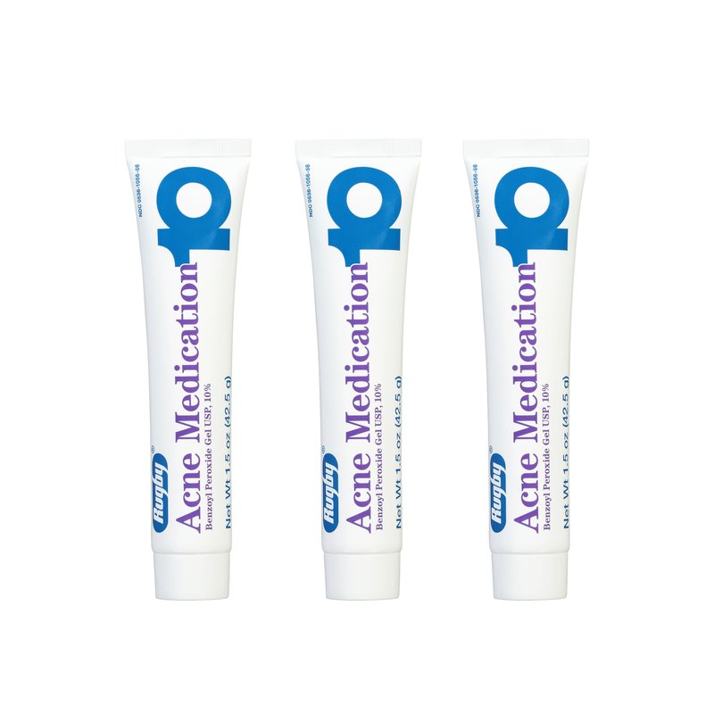 Rugby Acne Medication Benzoyl Peroxide Gel USP, 10% - Clear Up Acne Pimples - Greaseless, Vanishing Formula - 1.5 Oz (42.5g) - 3 Pack