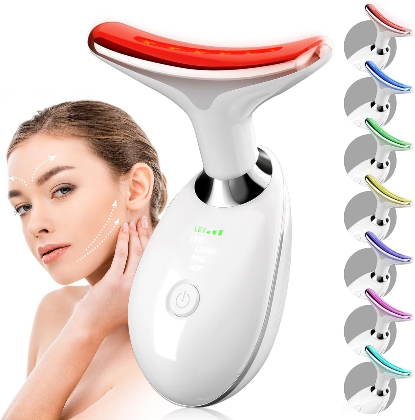 Face and Neck Massager Tool - 7-Color LED Skin Care Device for Rejuvenation, Lifting & Toning | White