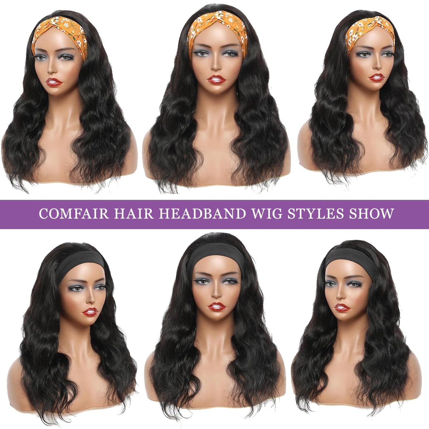 Comfair Headband Wig Human Hair Body Wave 14 Inch Glueless No Sew Headband Wig 100% Brazilian Virgin Hair 180% Dencity Wear and Go Headband Wigs for Black Women Natural Color Beginner Friendly