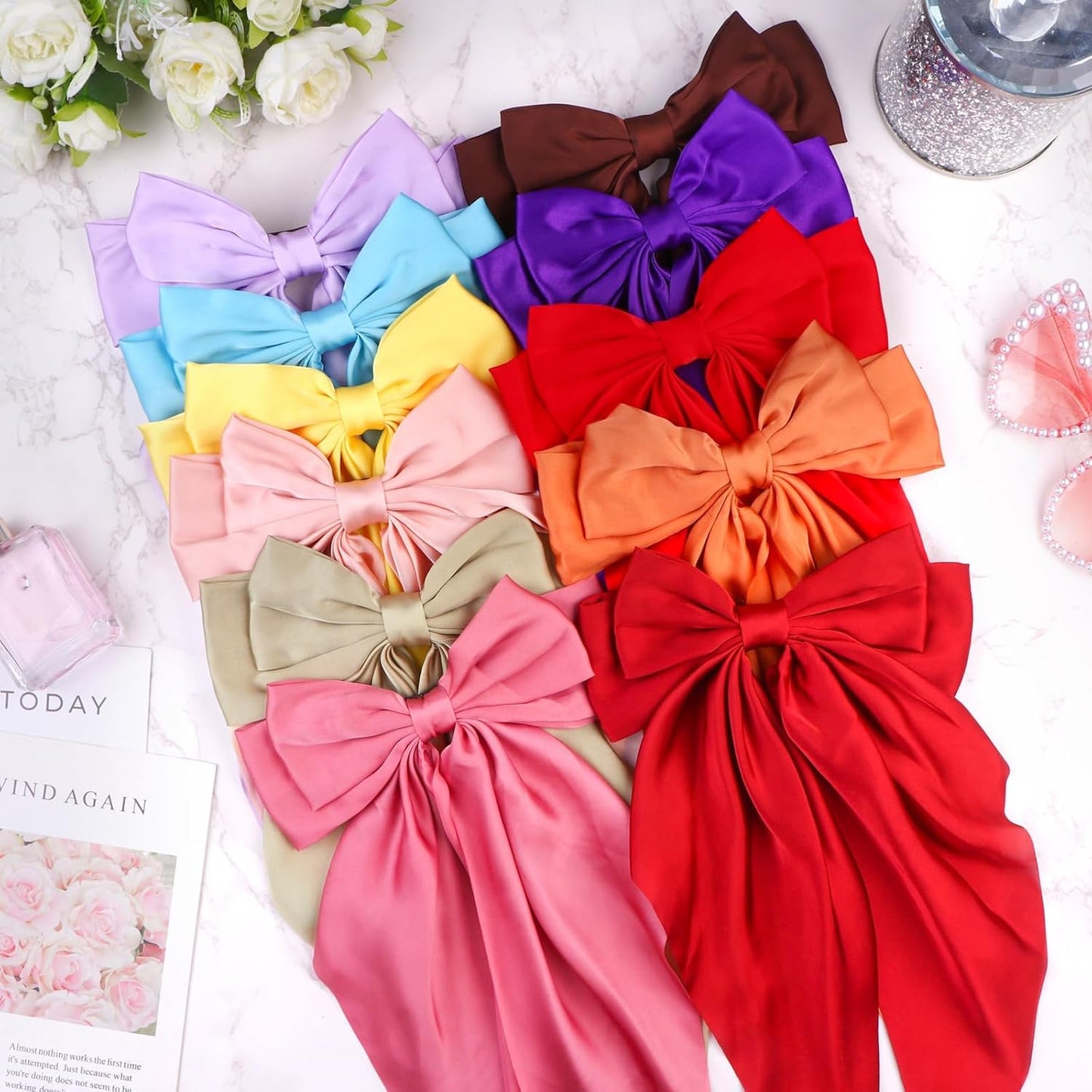 32Pcs Satin Hair Bows - Oversized Silky Hair Clips for Women | Large Ribbons with Long Tails