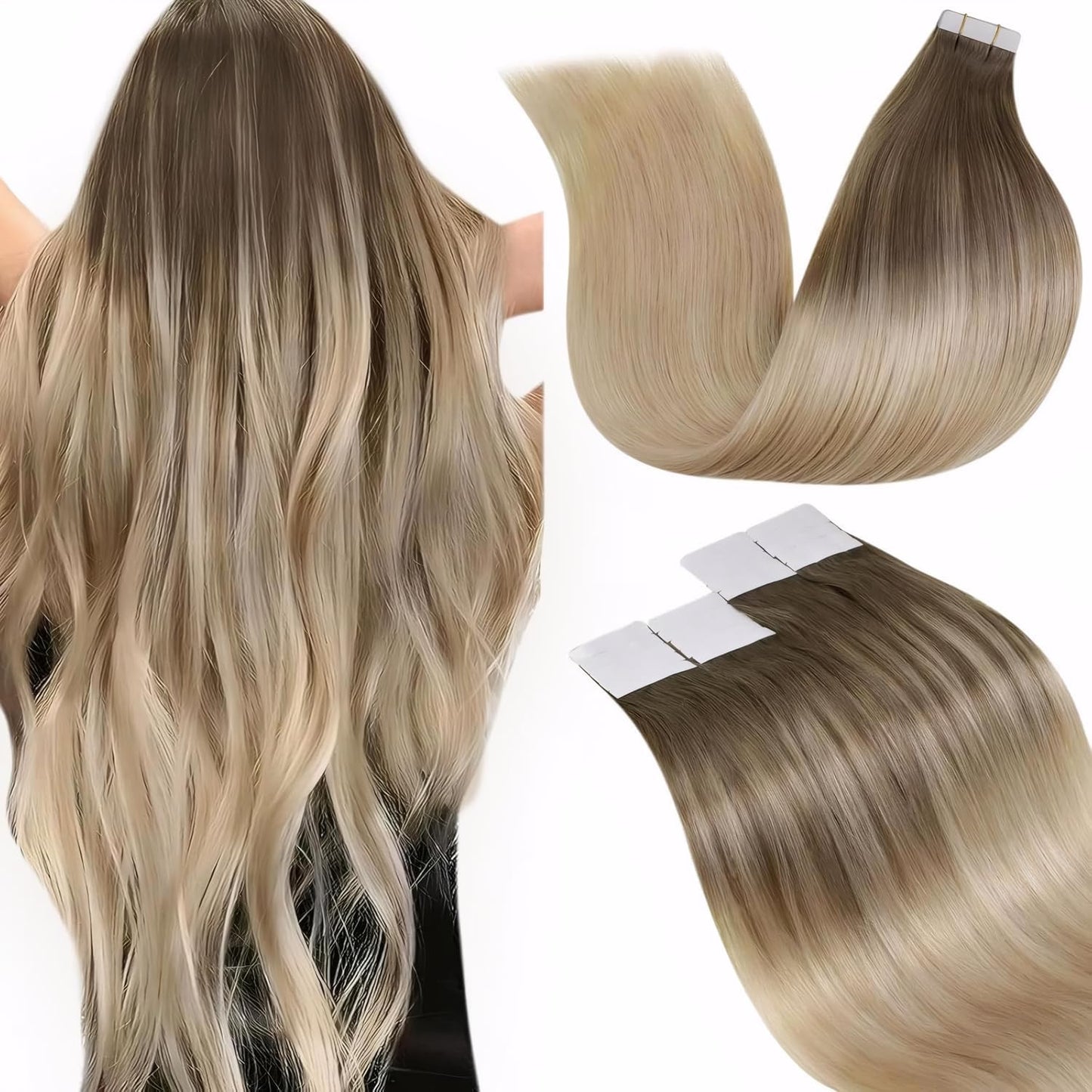 LaaVoo Tape in Hair Extensions Human Hair Tape in Extensions Blonde Ombre Human Hair Extensions Tape in Light Brown to Ash Blonde Hair 16inch 20pcs 50g