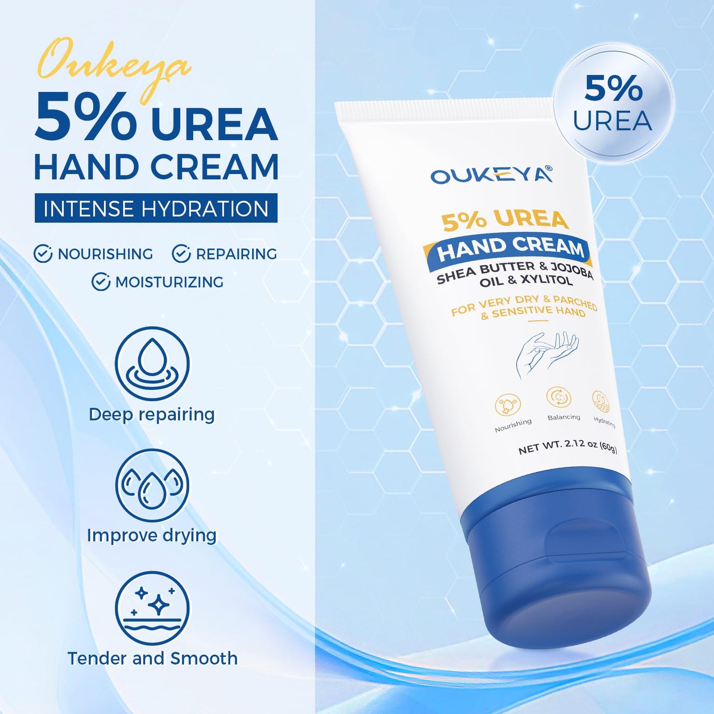 OUKEYA Urea Hand Cream - With 5% Urea Deep Nourishment for Hands, Fast-Absorbing Hydration for Soft Skin with Jojoba Seed Oil & Shea Butter - Perfect Travel Size for On-the-Go Care