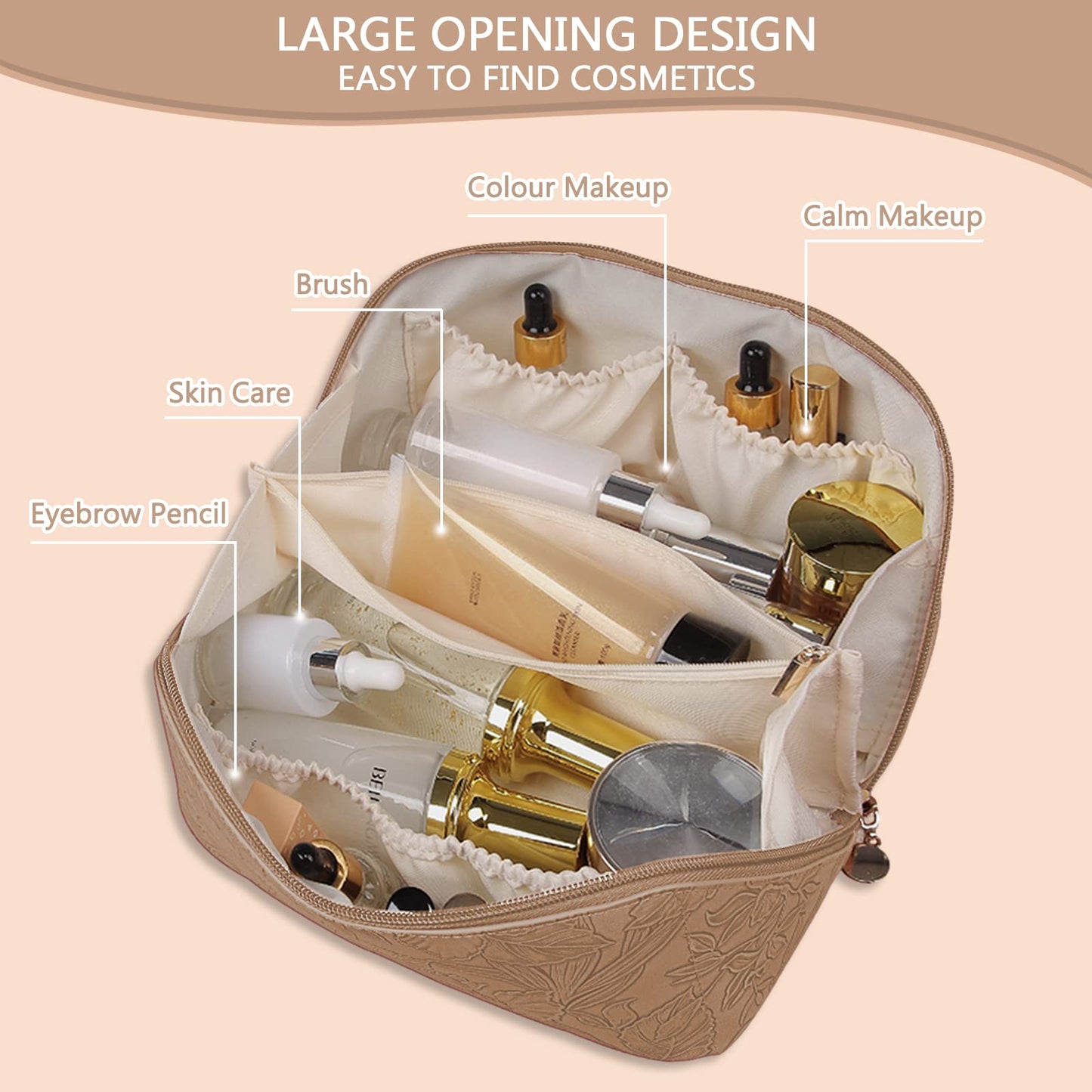 BAKLUCK Large Capacity Travel Cosmetic Bag with Compartment, Waterproof PU Leather Portable Flower Makeup Organizer Bag for Women and Girls - Khaki