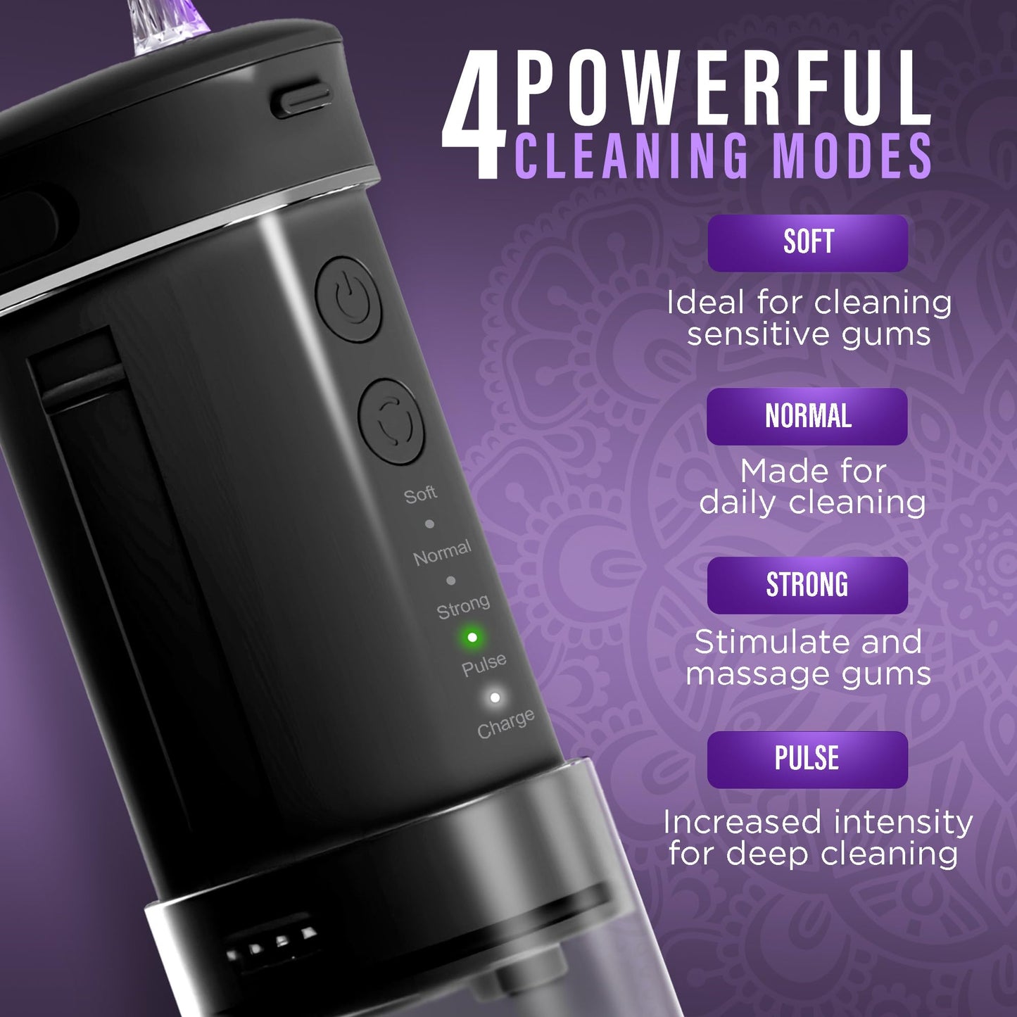 GuruNanda Compact Water Dental Flosser, Portable Travel Size Oral Irrigator Flosser with Collapsible 180 ml Tank, Smart Timer, 4 Flossing Modes, TSA-Friendly - Black