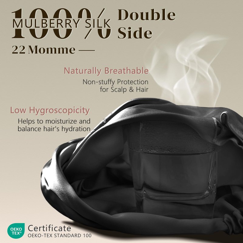 ZIMASILK 22 Momme 100% Mulberry Silk Bonnet for Sleeping & Women Hair Care, Highest Grade 6A Silk Hair wrap for Sleeping with Premium Elastic Stay On Head (1Pc, Black)