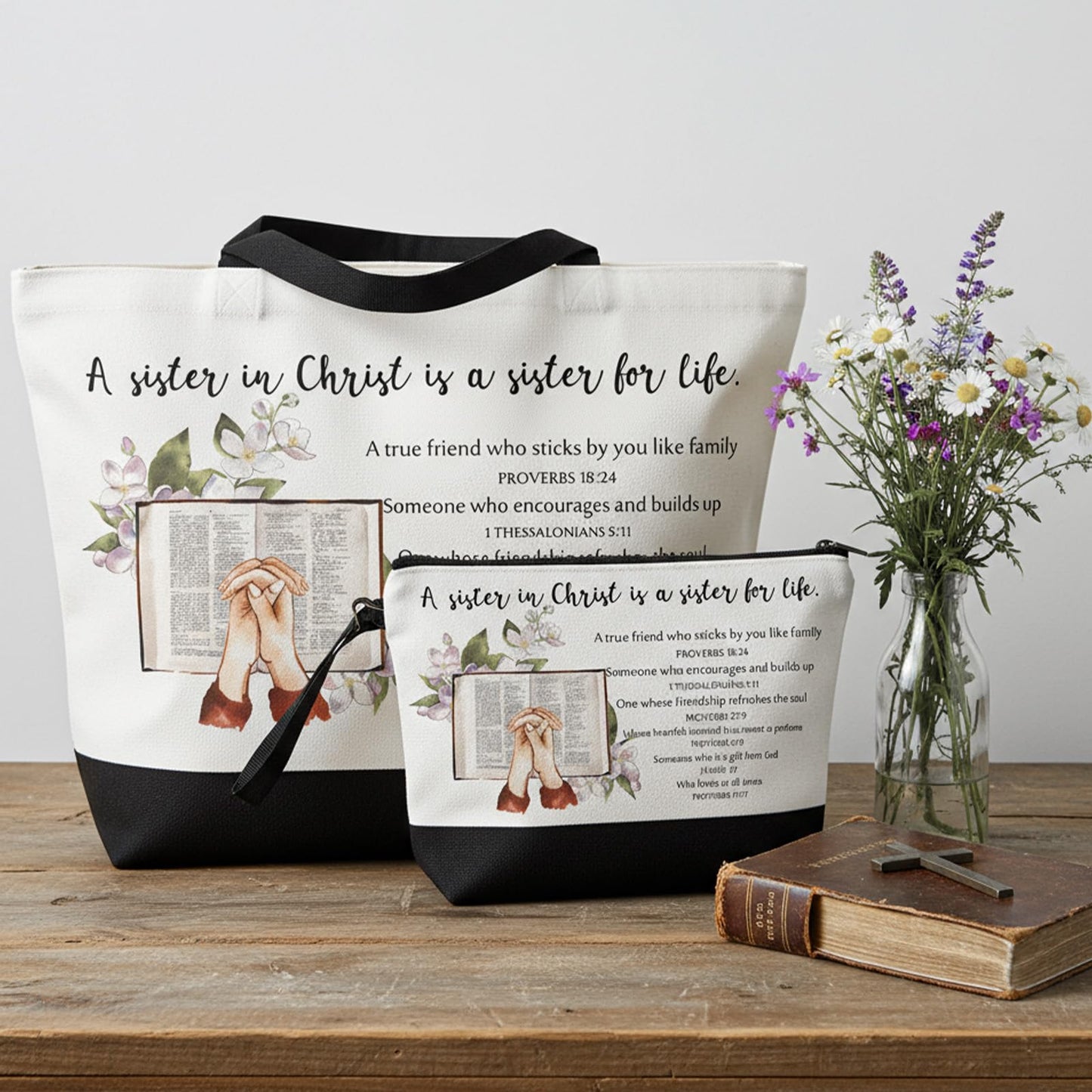 Paterr 12 Pcs 250th Anniversary Christian Tote Bags for Women, Bible Tote Bag and Canva Makeup Bag Inspirational Gifts for Teacher Nurse Ladies Sister Birthday Friendship Old Maids (Sister in Christ)