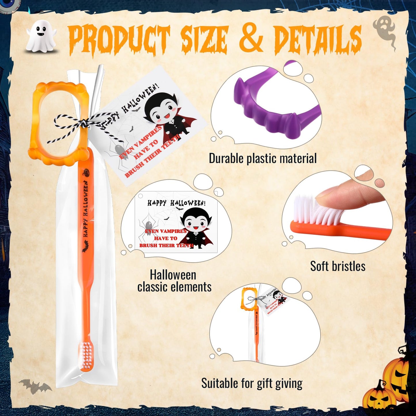 Soulchen 24 Set Happy Halloween Toothbrushes Vampire Teeth Kit Including 24 Vampire Fangs, 24 Individually Wrapped Toothbrush, Cards, Lanyard and Bag for Halloween Cosplay Party Costume Accessories