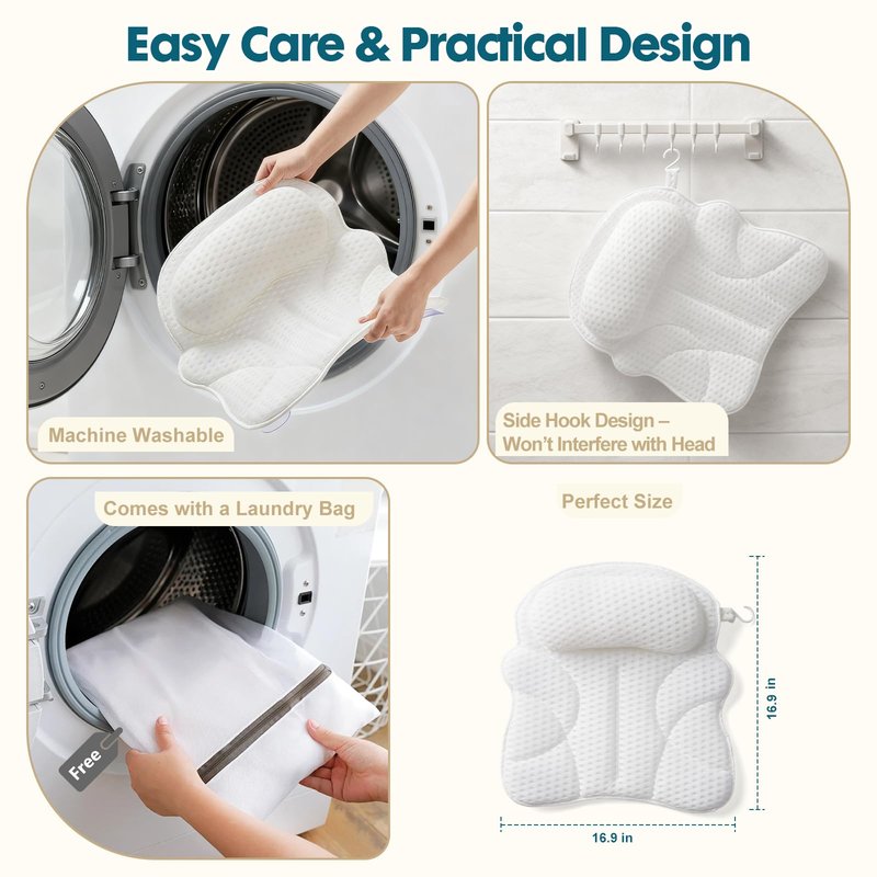 Bath Pillows for Tub – Bathtub Pillow with Head, Neck & Shoulder Support, Non-Slip Tub Pillow for Bathtub & Jacuzzi, Breathable Bath Tub Pillow with Wash Bag, Bath Accessories Gift for Women & Men