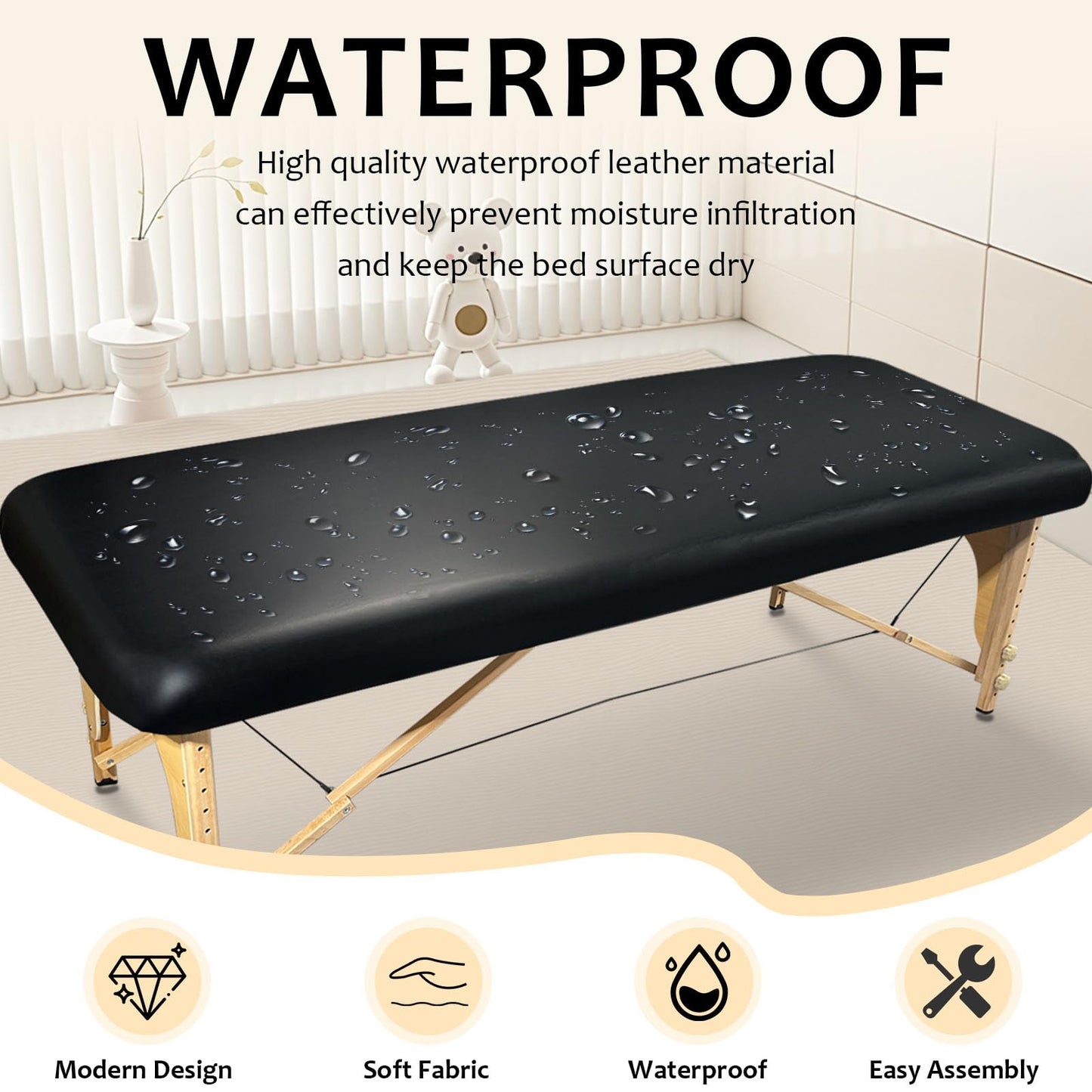 Lufyzora PU Leather Massage Table Cover Waterproof Massage Table Cover Protector Elastic, Odorless & Anti-Wrinkle Wipeable Massage Bed Cover Fitted for 6FT Massage Bed/Spa Bed/Lash Bed (Black, 1Pcs)