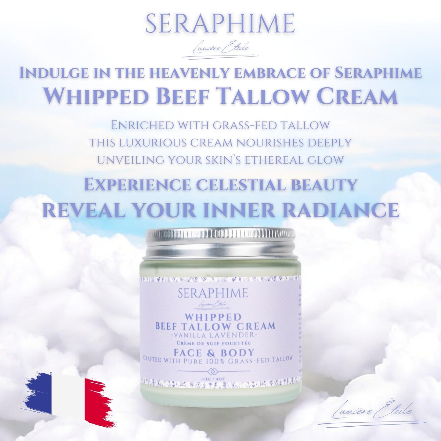 Seraphime Whipped Beef Tallow for Skin Care, Organic Pure Grass Fed Beef Tallow Moisturizer Cream for Face & Body Lotion, Cow Tallow with Niacinamide, Shea Butter & Aloe, Vanilla Lavender 4oz