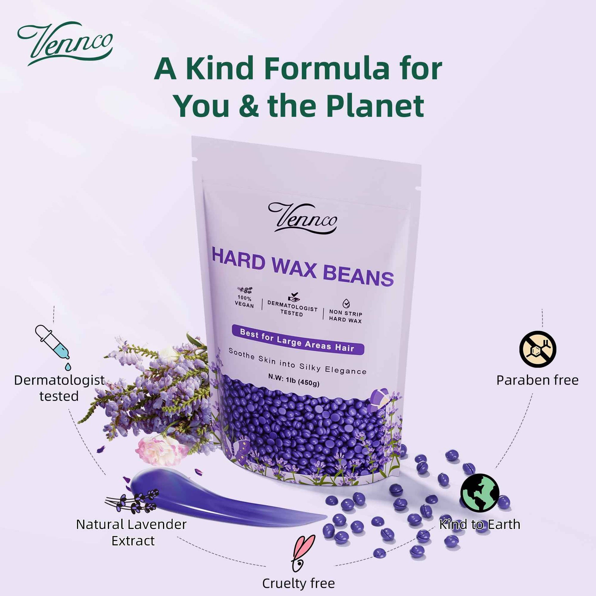 VENNCO Hard Wax Beads, 1lb Wax Beans with Lavender Essence, Gentle on All Skin Types, Suitable for Legs, Back, Chest, and Bikini, Waxing Beads Refill for Easy Hair Removal at Home