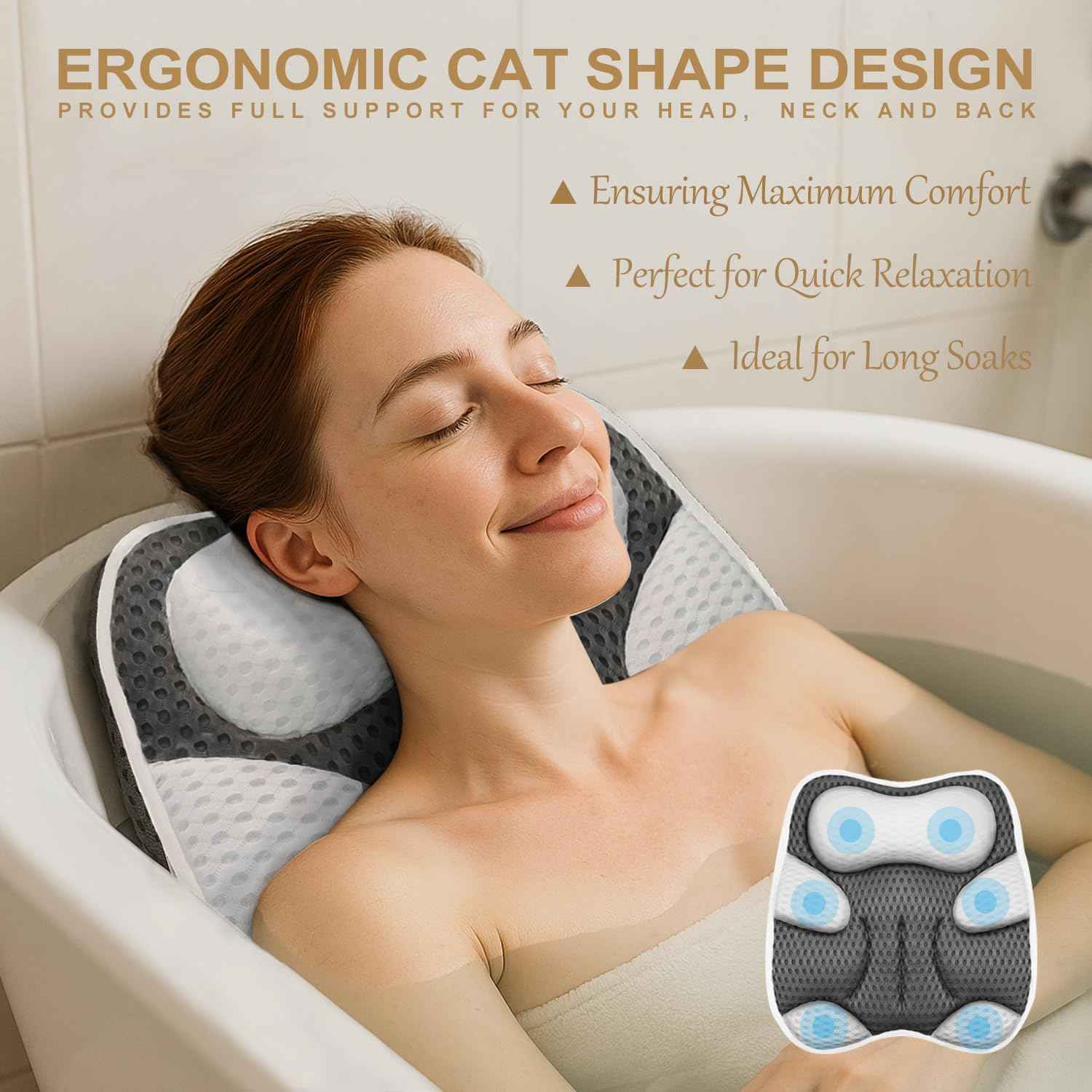 ZYIDBNG Bath Pillow for Tub Ergonomic Cat Shape and Bear Shape Design Bath Pillow for Head and Neck Support SPA Gift Bathtub Pillow 4D Air-Mesh with Suction Cups Washable Gray(1 Pack)