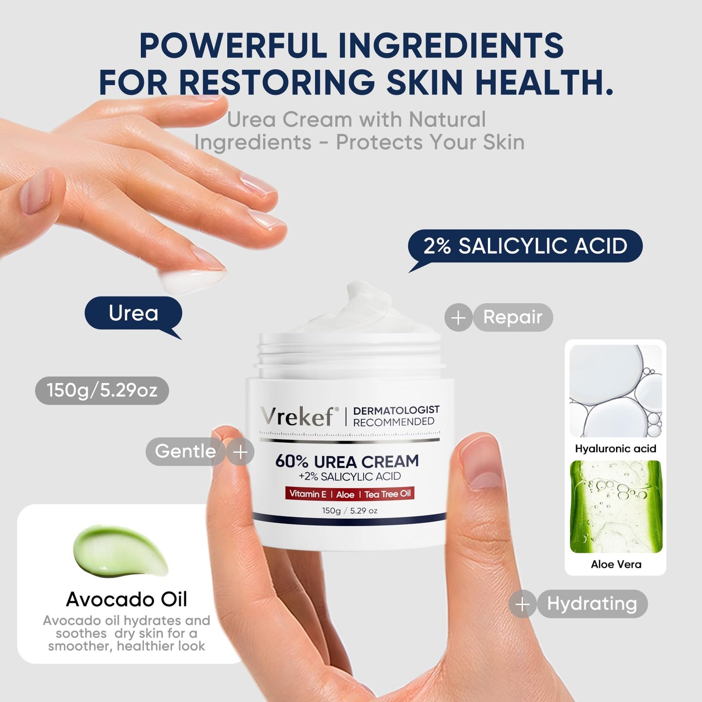 VREKEF Urea Cream 60% with 2% Salicylic Acid, Urea Cream 60 Percent for Feet Maximum Strength, Foot Cream & Callus Remover for Dry Cracked Heels, Rough Thick Skin, Deep Hydration, 5.29 oz