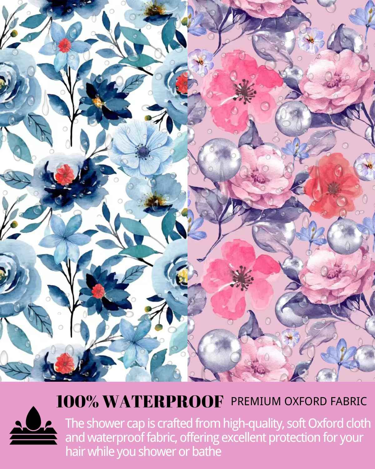 Luxury Shower Cap for Women Reusable Waterproof, 2 PCS Extra Large Double Layered Shower Caps for Long Hair with Adjustable Elastic Strap, Large Satin Lined Shower Bath Cap for All Hair Lengths