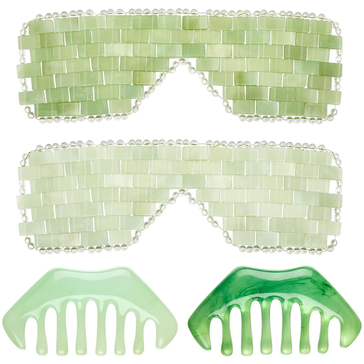 Jade Eye Mask and Hair Comb Set - Green Jade Stone Facial Cooling | Gua Sha Scalp Massager for Puffiness Relief