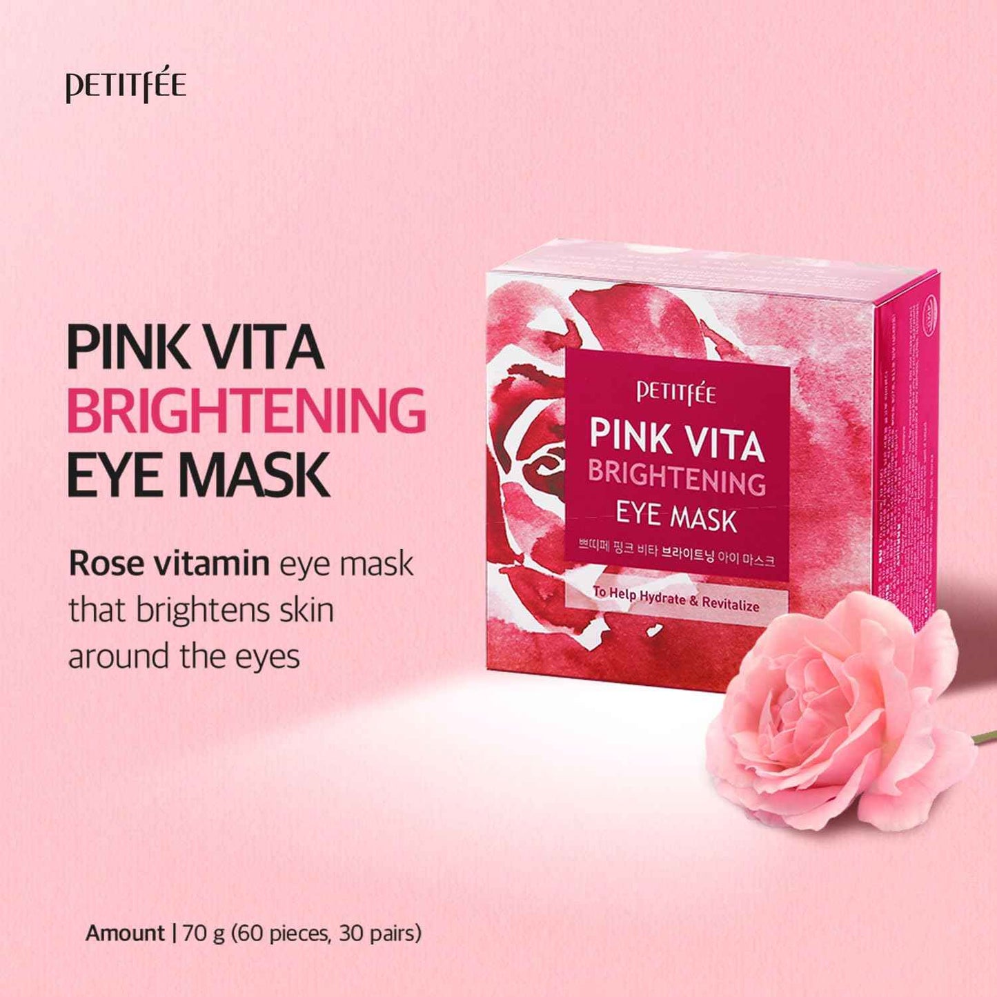 Pink Vita Brightening Eye Mask 60 Pieces (30pairs) - Rose and Vitamin B Eye Patch, Soft Bamboo Sheet Mask, Evens Skin Tone, Rose Extract, Vitamin Tree Extract, Radish Extract, Beet Root Extract
