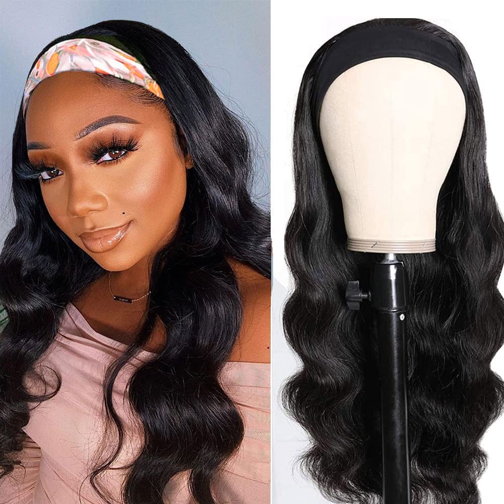 Headband Wig - Human Hair Body Wave for Black Women | 14 Inch Glueless, Natural Black, 150% Density