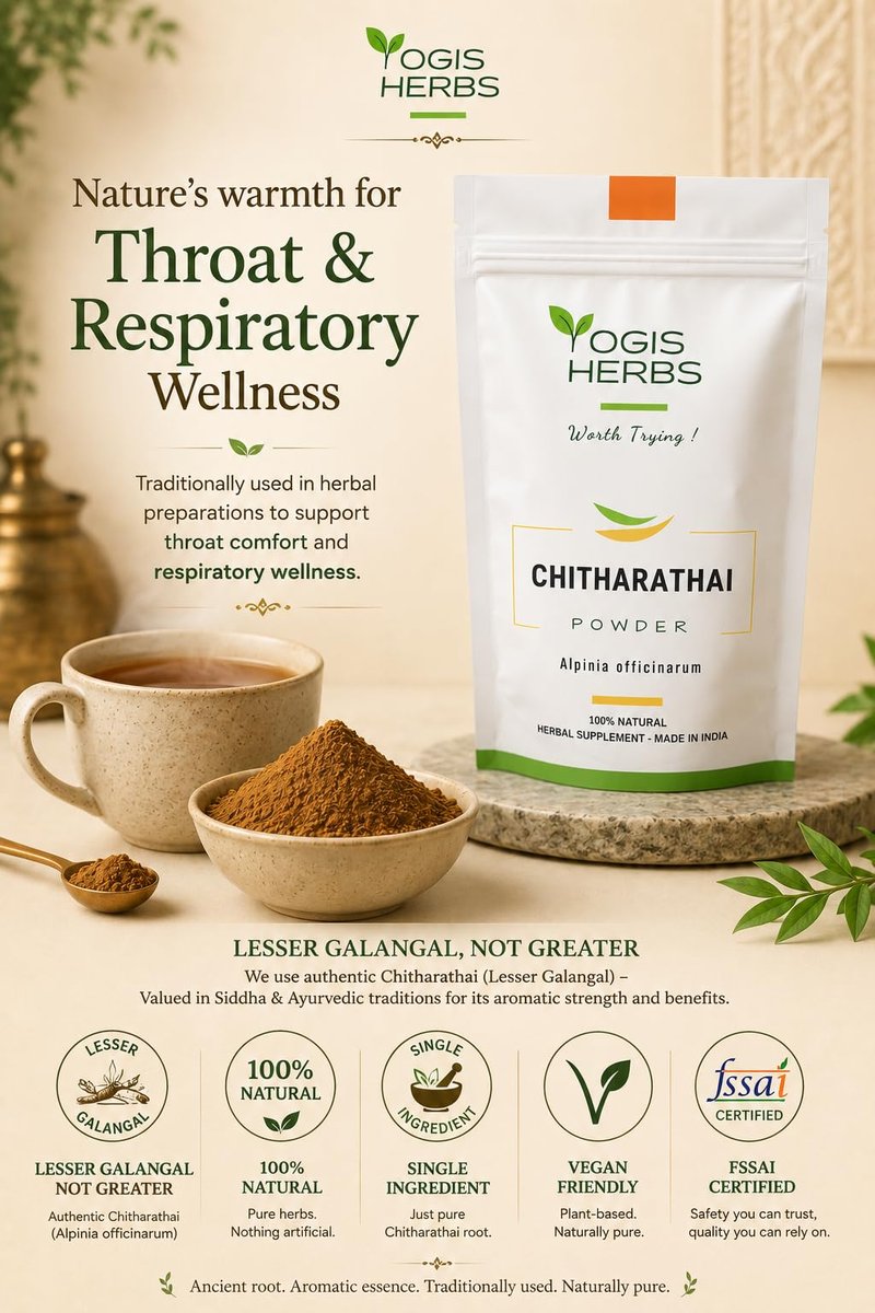 YOGIS HERBS Chitharathai Powder, Alpinia Officinarum (Lesser Galangal/Kulanjan) — Traditional Tamil & Ayurvedic Herb for Throat Comfort, Respiratory Wellness & Seasonal Support — 100% Pure