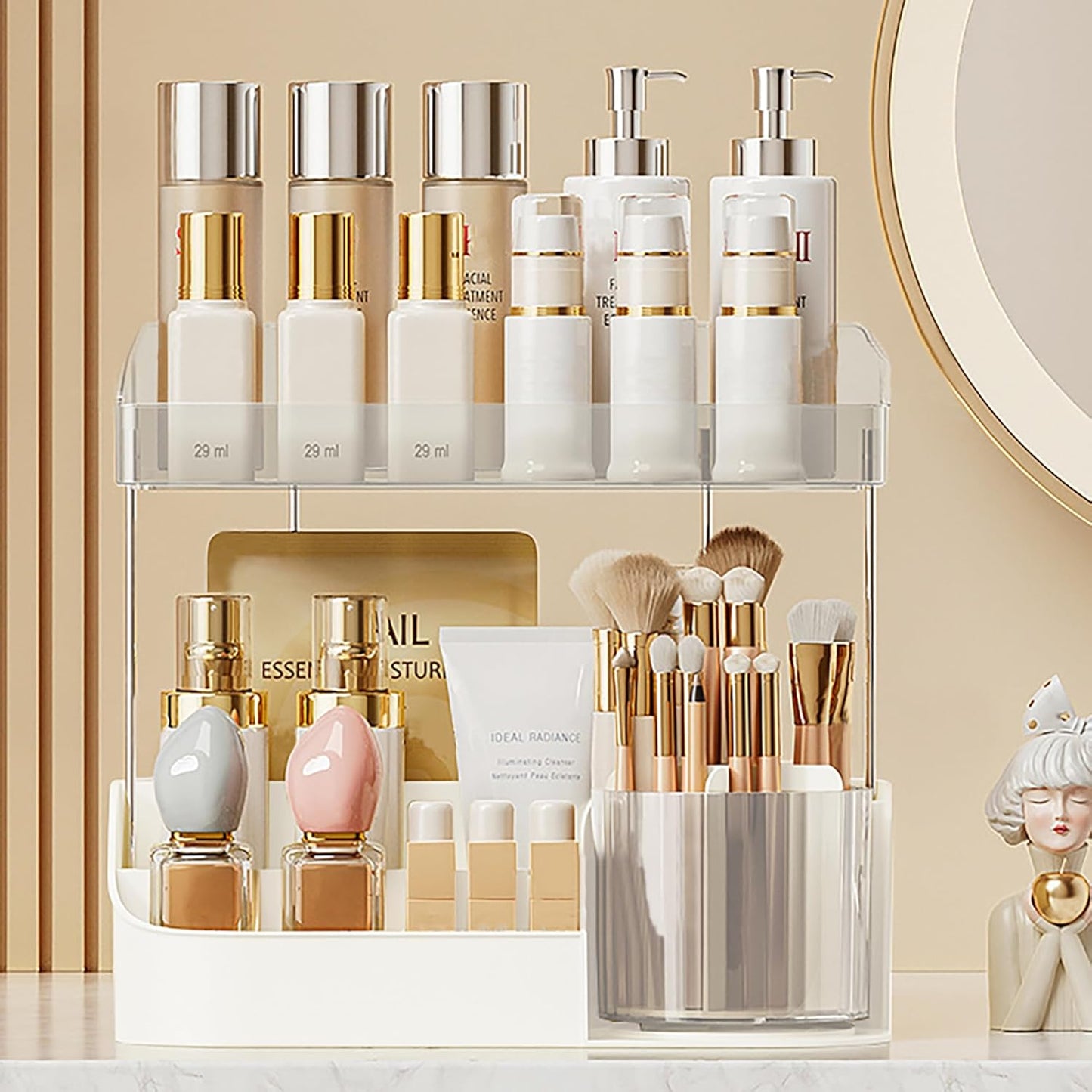 Rotating Makeup Organizer - Double Layer Spinning Cosmetic Storage for Vanity | Multi-Purpose Brush Holder