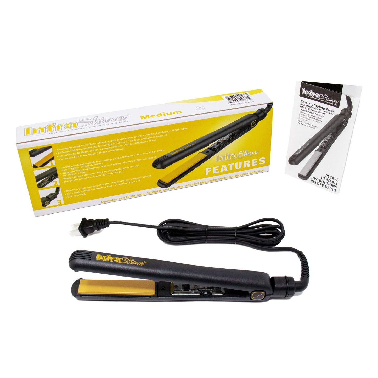 Infrashine Original Medium Flat Iron, 1 inch, Black - Ceramic Floating Plates for Smooth, Shiny, Frizz-Free Hair - 1 Year Warranty, Made in Korea