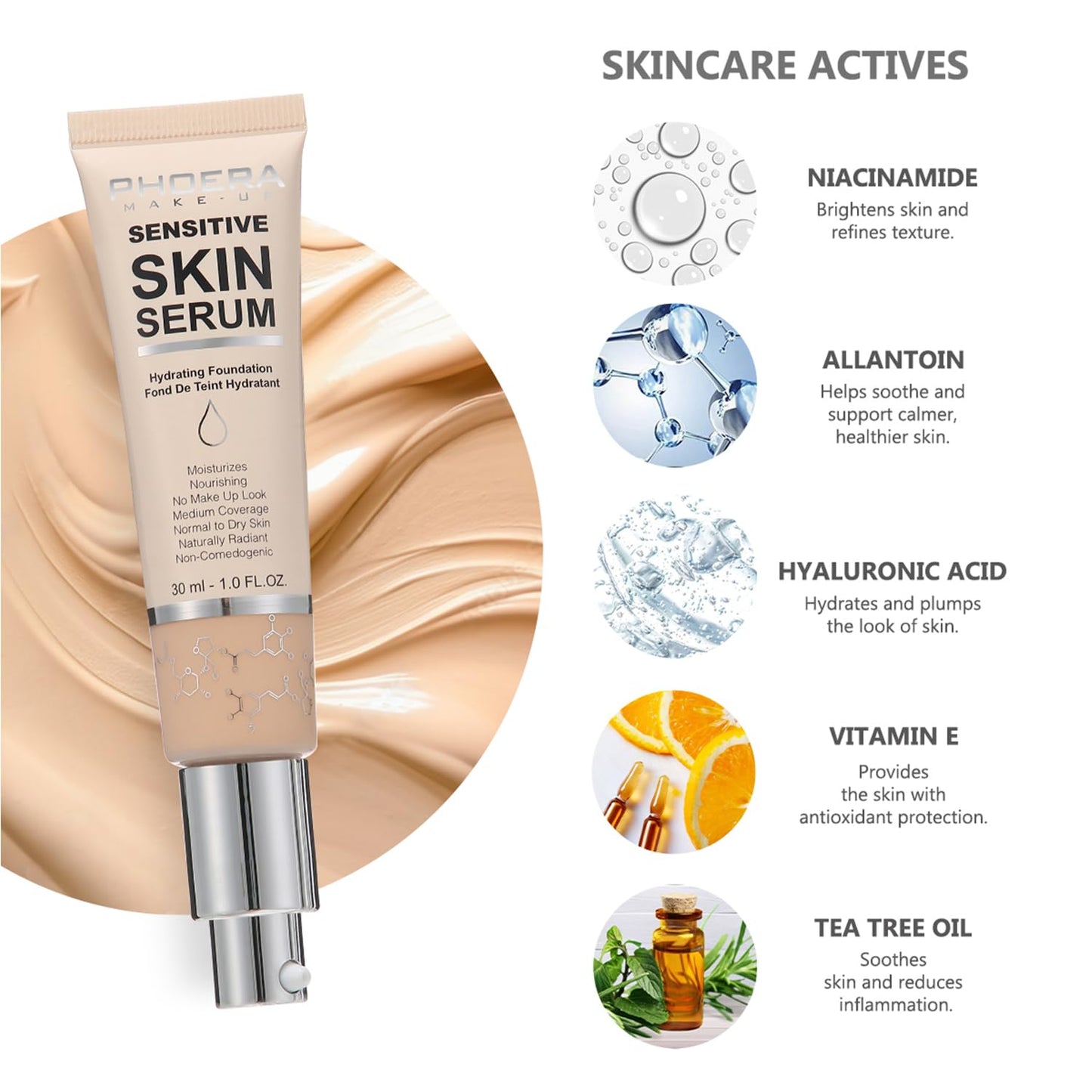 PHOERA Tinted Moisturizer Foundation Serum - 4-in-1 Hydrating Primer & Foundation for Radiant Skin | Lightweight Formula