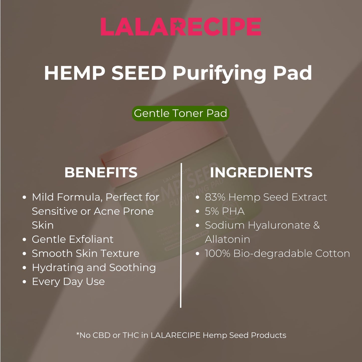 LALARECIPE Hemp Seed Purifying Facial Pads – Korean Toner Pads with 83% Hemp Seed Extract & 5% PHA – Gentle Exfoliating & Hydrating Skincare for Sensitive & Troubled Skin (70 Pcs)