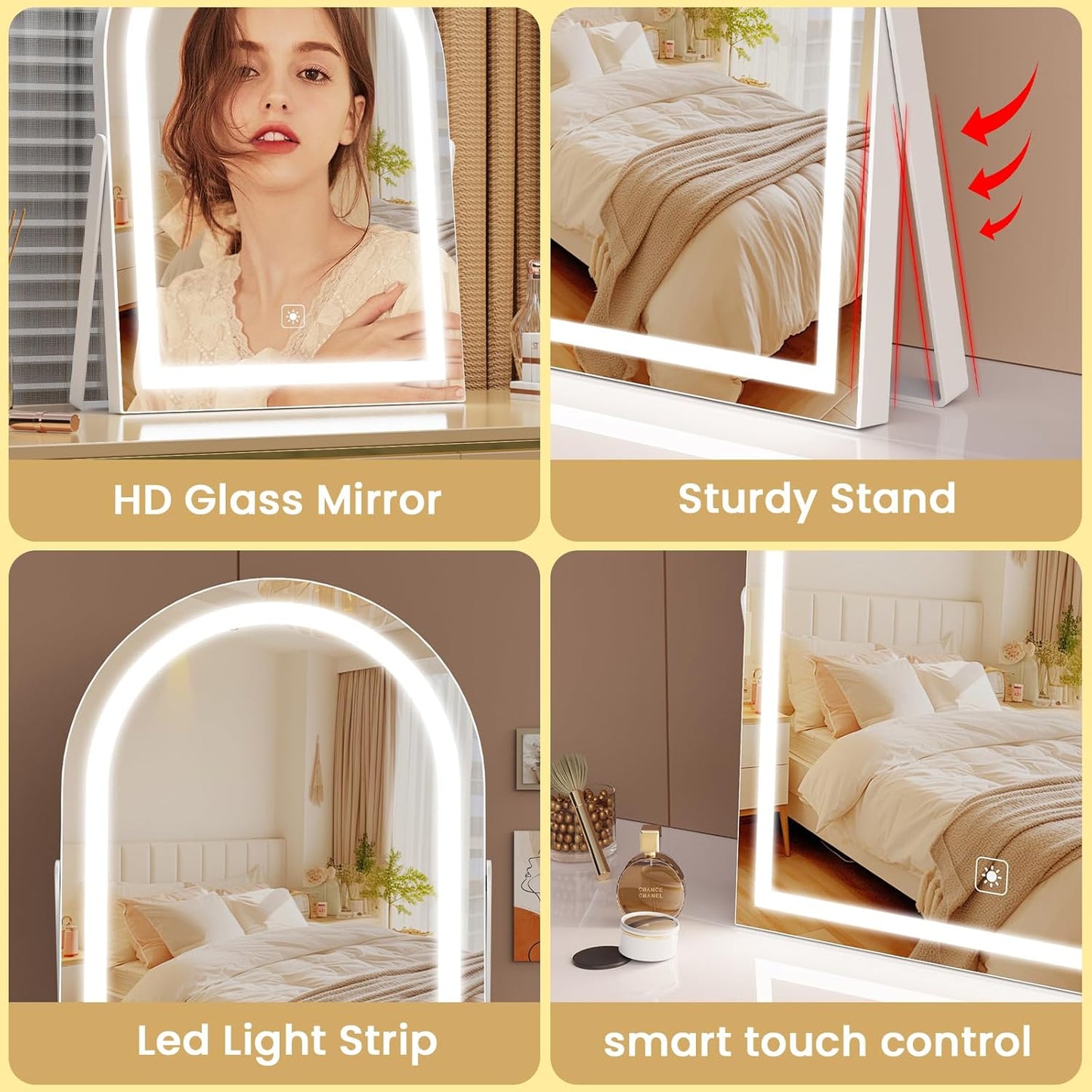 Vanity Mirror with Lights - 16" LED Makeup Mirror | Smart Touch Control, 3 Color Dimmable, 360° Rotation, Gold