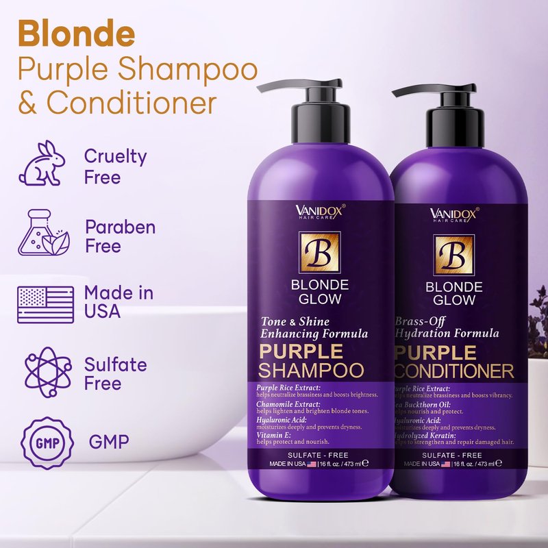 VANIDOX Purple Shampoo & Conditioner Set - Sulfate Free for Blondes & Highlighted Hair | 16 fl oz Each