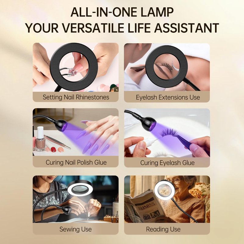 AORAEM LED UV Nail Lamp: Double-Headed Gooseneck UV Lamp for Gel Nails, LED Flash Cure Light with 6X Magnifier Home DIY Salon, Black