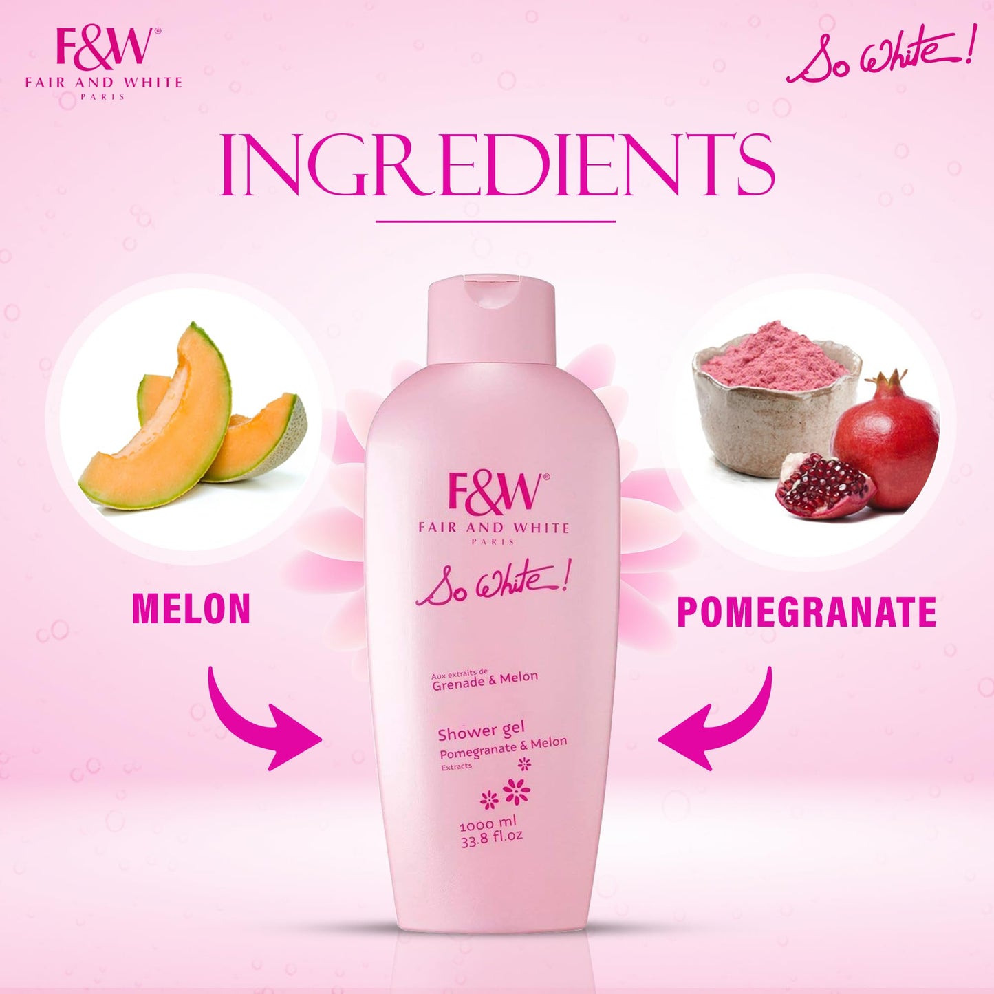 FAIR & WHITE So White Refreshing Brightening Body Wash - 1000ml / 33.8 fl oz - Daily Moisturizing Skin Shower Gel, with Pomegranate & Melon Extracts