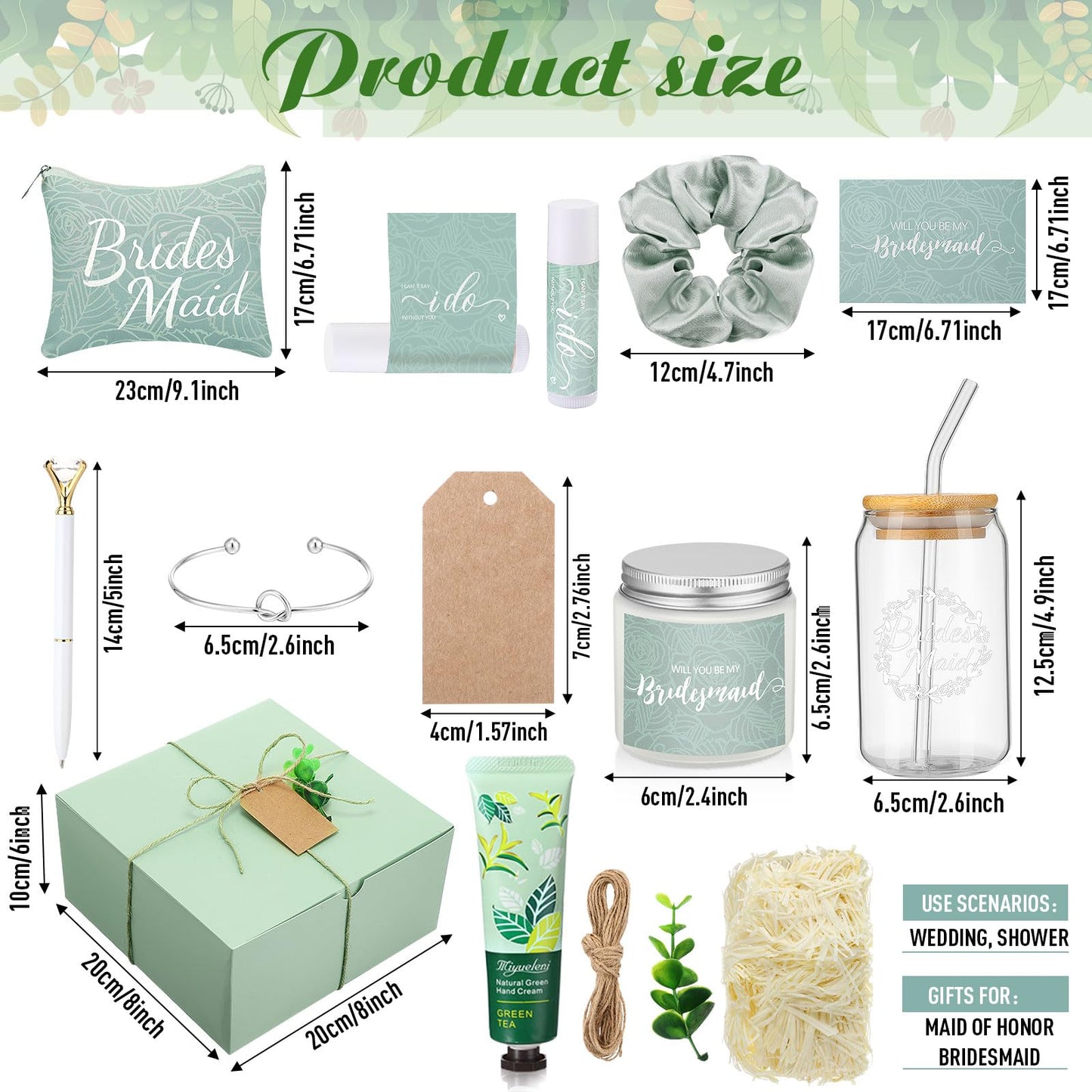 Meanplan 14 Pcs Bridesmaid Proposal Gifts Set, Will You Be My Bridesmaid Gifts with Proposal Box Glass Cup Makeup Bag Cards Lip Balm Hand Cream Candle Scrunchie Bracelet Diamond Pen for Wedding(Green)