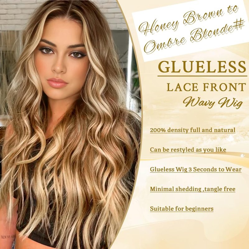 ShowCoco Long Brown to Ombre Blonde Wigs for Women 26 Inch Highlights Blonde Wig Natural Middle Part Synthetic Wavy Hair Heat Resistant Fiber Hair Replacement Wigs for Daily Party 3 Seconds to Wear