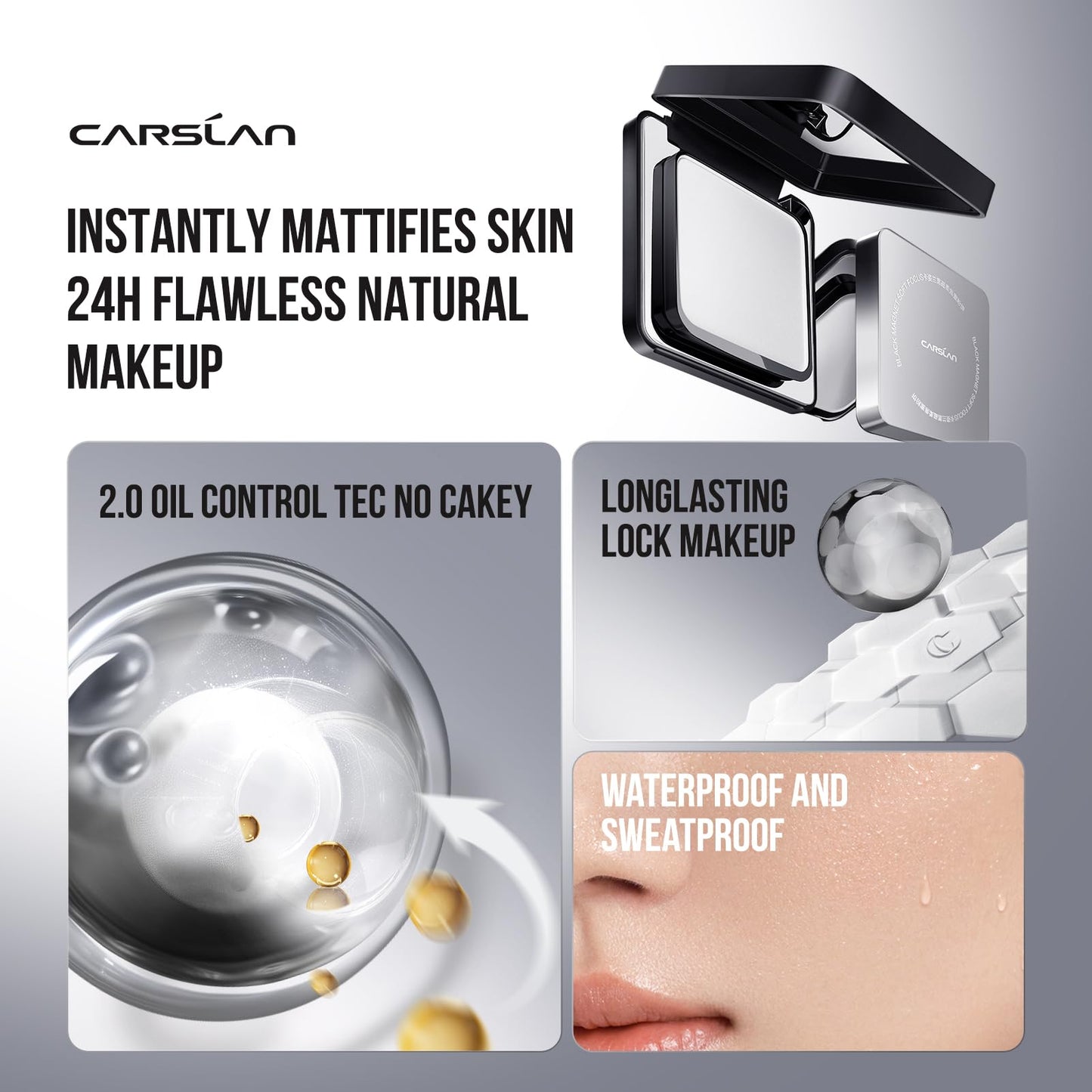 CARSLAN 2.0 Black Magnet Soft Focus Powder, Waterproof Translucent Pressed Setting Powder, 24H Longlasting Talc-Free Face Powder, Oil Control Compact Makeup, 0.28Oz