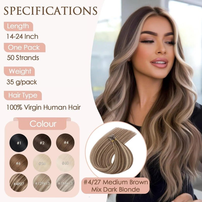 TESS Nano Bead Human Hair Extensions, Nano Ring Hairpieces Nano Tip Hair Extensions Pre-Bonded Seamless Look 50pcs/pack, 18 inch, #4RP27R Chocolate Brown Mixed Light Brown
